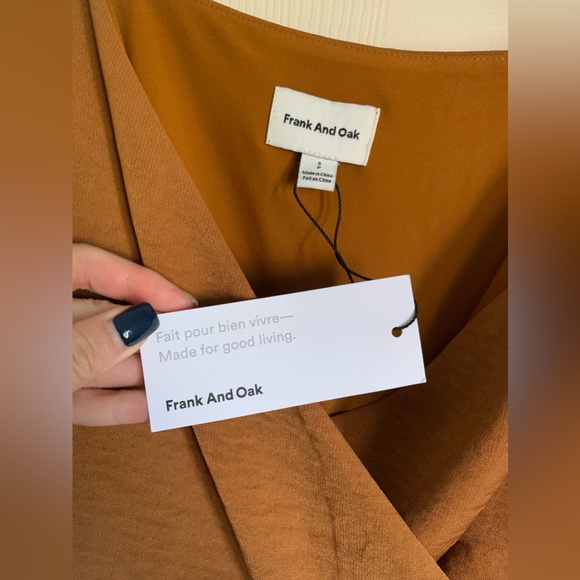 FRANK & OAK-crossover wrapped-tie velvet satin dress in Rich Chestnut-Size S NWT - Picture 11 of 11